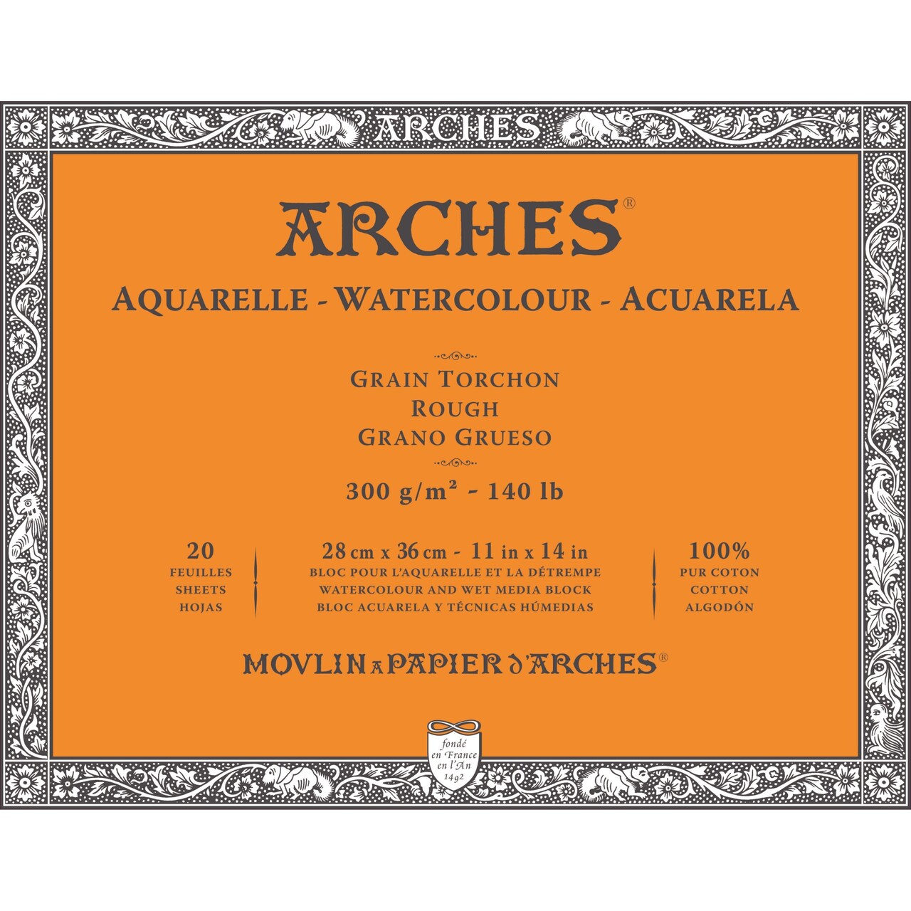 Arches Watercolor Block 11x14-inch Natural White 100% Cotton Paper - 20 Sheets of Arches Watercolor Paper Rough 140 lb - Arches Art Paper for Watercolor Gouache Ink Acrylic and More